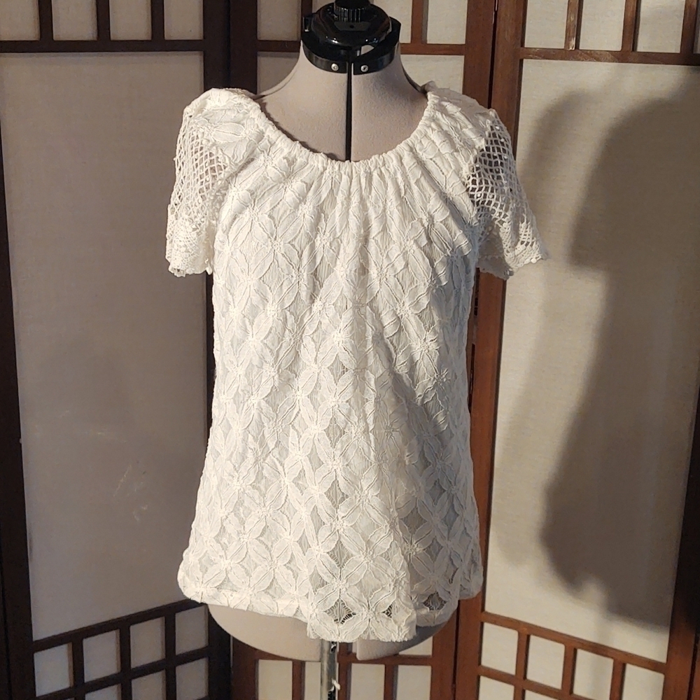 Indigo Soul Floral Lace Short Sleeve Blouse Sz M